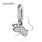 925 Silver Charm Fluttering Butterflies Dangle Pendant Crystal