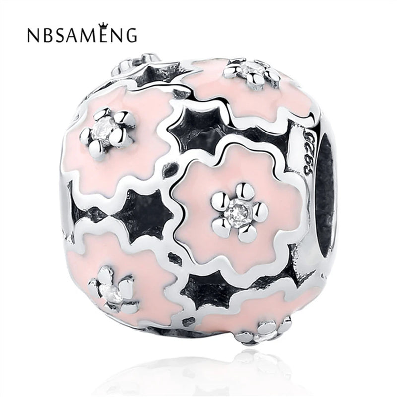 925 Sterling Silver Pink Enamel Crystal Charm Bead for Bracelets