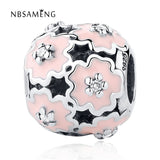 925 Sterling Silver Pink Enamel Crystal Charm Bead for Bracelets