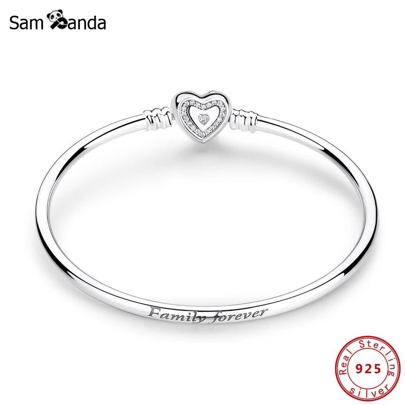 925 Silver Wishful Heart CZ Clasp Bangle Family Bracelet DIY Jewelry