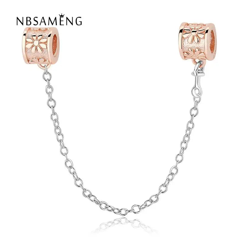 925 Sterling Silver Rose Safety Chain Charm Beads Fits Bracelets
