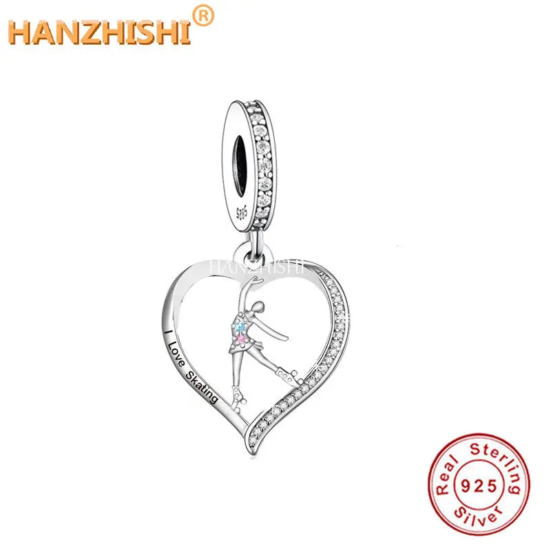 925 Sterling Silver Skating Girl Heart Charm Bead