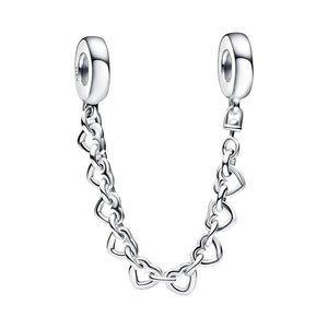 Autumn Linked Hearts Safety Chain Charm 925 Sterling Silver Beads Fit Bracelets
