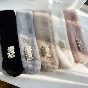 Autumn Winter Pearl Scarf Rex Rabit Plush Snood Neckpiece Birthday Gift
