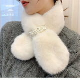 Autumn Winter Pearl Scarf Rex Rabit Plush Snood Neckpiece Birthday Gift