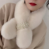 Autumn Winter Pearl Scarf Rex Rabit Plush Snood Neckpiece Birthday Gift