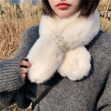 Autumn Winter Pearl Scarf Rex Rabit Plush Snood Neckpiece Birthday Gift
