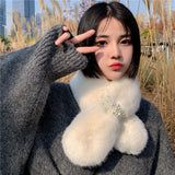 Autumn Winter Pearl Scarf Rex Rabit Plush Snood Neckpiece Birthday Gift