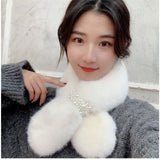 Autumn Winter Pearl Scarf Rex Rabit Plush Snood Neckpiece Birthday Gift
