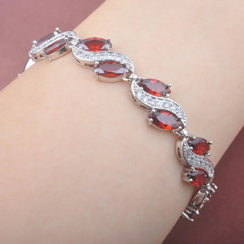 Red Zirconia 925 Silver Women's Link Chain Bracelet