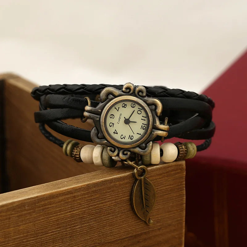 Beaded Leather Bracelet Watch Women Adjustable Fashionable Student Jewelry Sets