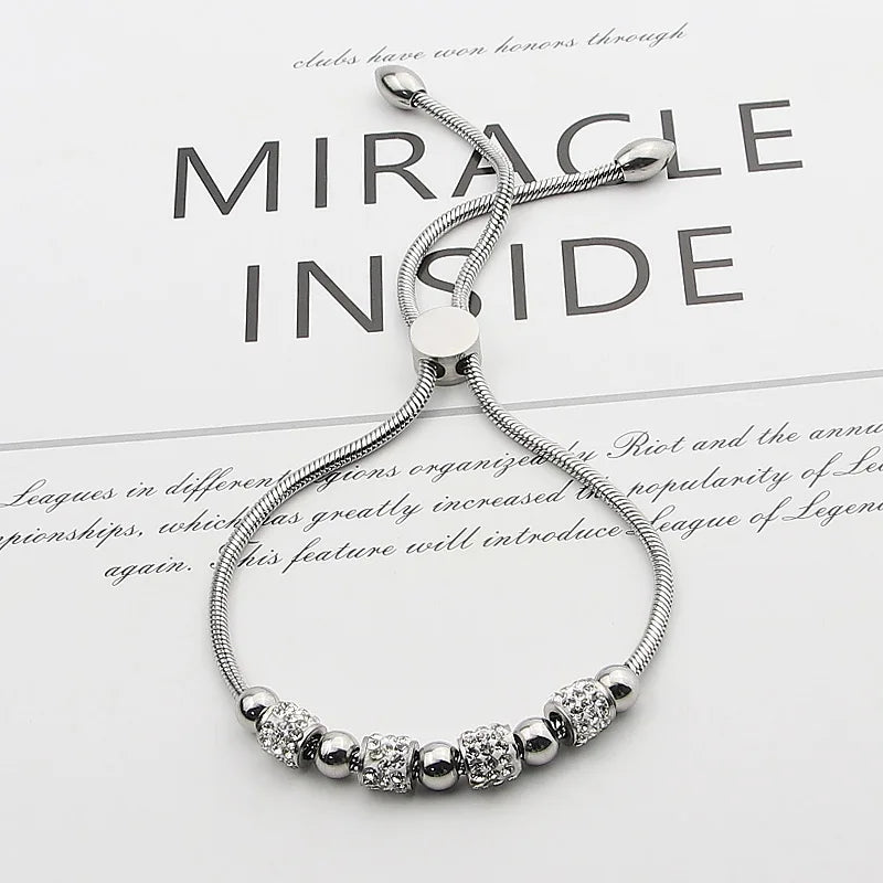 Adjustable Stainless Steel Woman Bracelet with Zircon Beads and Circles