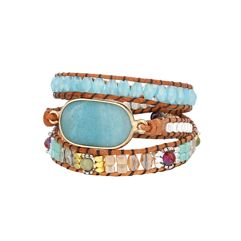 Big Natural Stone Women Gemstone Wrap Leather Bracelet Boho Jewelry