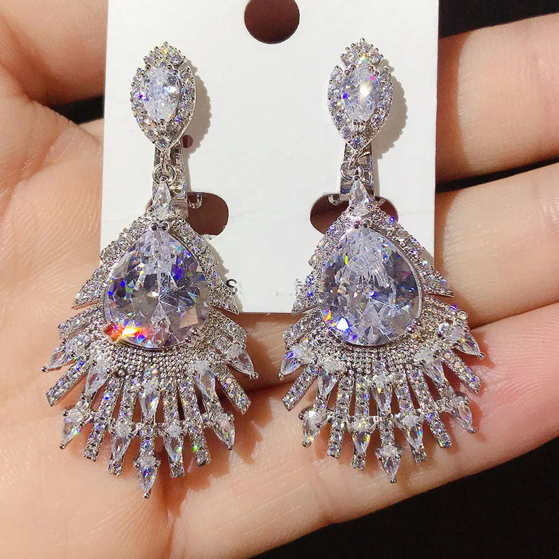 Water Drop CZ Clip On Earrings No Piercing Women Wedding