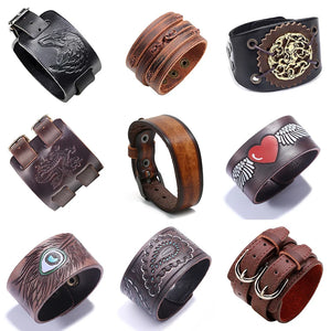 Vintage Leather Bangles Wide Leather Bracelet Charm Jewelry