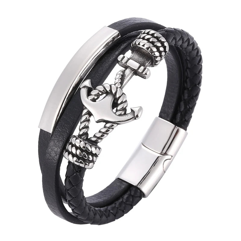 Men's Leather Bracelet with Stainless Steel Anchor Clasp