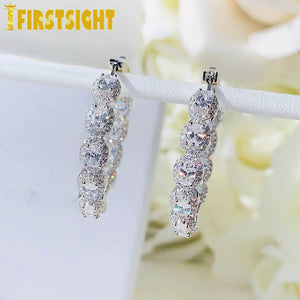 35mm Iced Oval CZ Hoop Earring Silver Bling Medium Women Jewelry