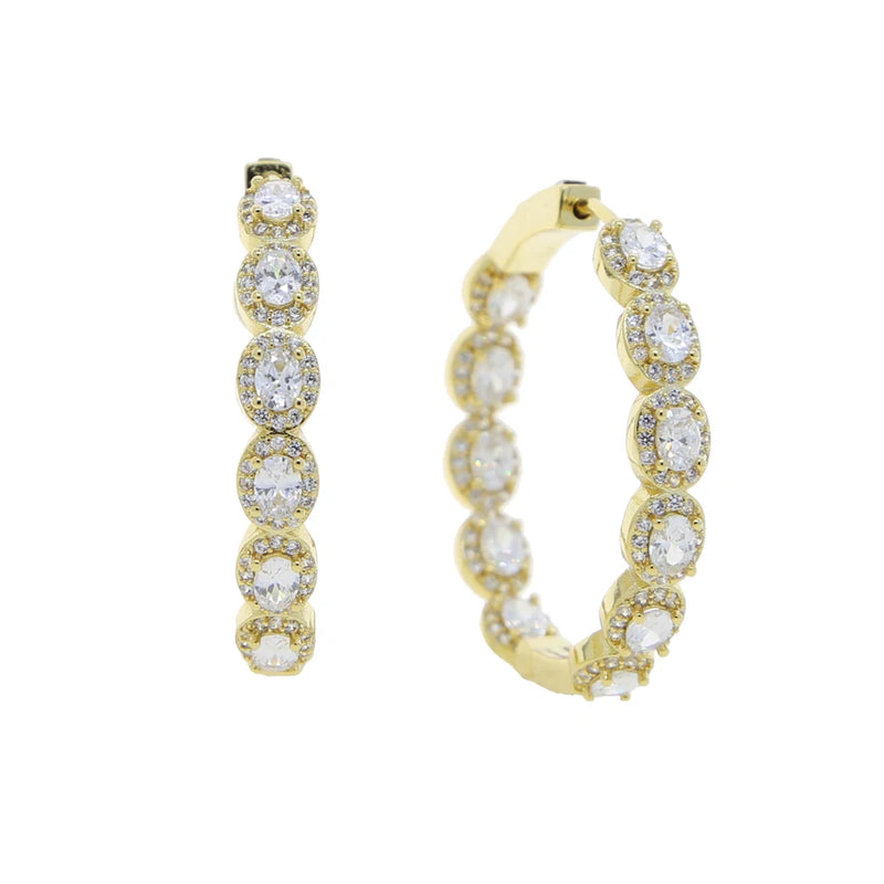 35mm Iced Oval CZ Hoop Earring Silver Bling Medium Women Jewelry