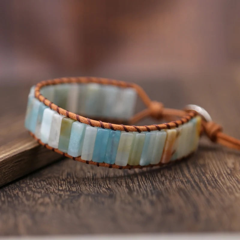 Bohemia Bracelet Amazonite Vintage Leather Wrap Cuff