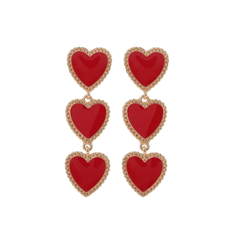 Boho Enamel Heart Dangle Earrings Red Statement for Party