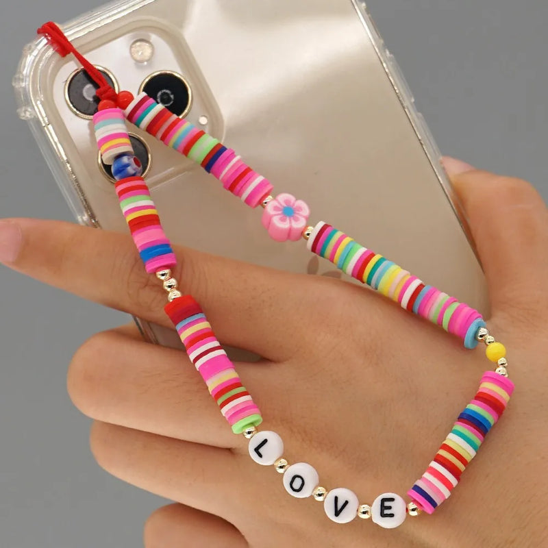 Boho Rainbow Pottery Pearl Phone Chain Pendant