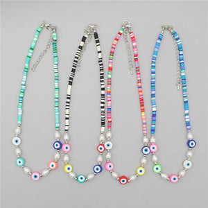 Boho Pearl Necklace Polymer Clay Beads Charm Choker Evil Eye Pendant