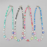 Boho Pearl Necklace Polymer Clay Beads Charm Choker Evil Eye Pendant