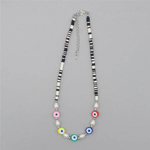 Boho Pearl Necklace Polymer Clay Beads Charm Choker Evil Eye Pendant
