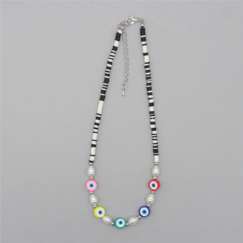 Boho Pearl Necklace Polymer Clay Beads Charm Choker Evil Eye Pendant