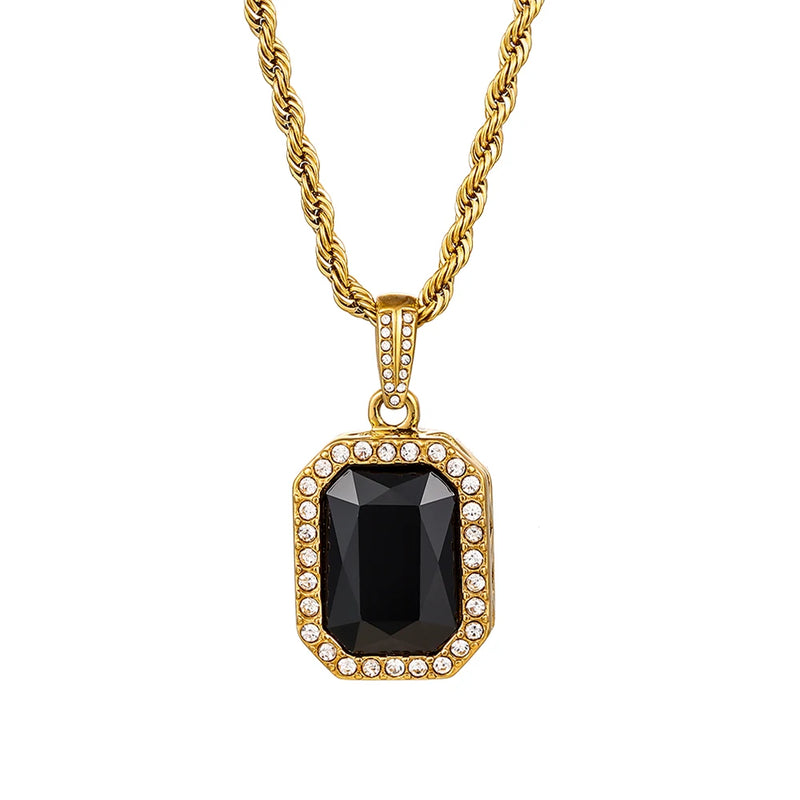 Bold Twisted Chain Small CZ Geometric Stone Pendant Necklace Stainless Steel