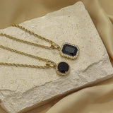 Bold Twisted Chain Small CZ Geometric Stone Pendant Necklace Stainless Steel