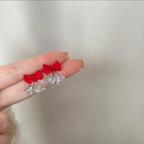 Bow Crystal Earrings Red High Sense S925 Silver Needle Stud Earrings