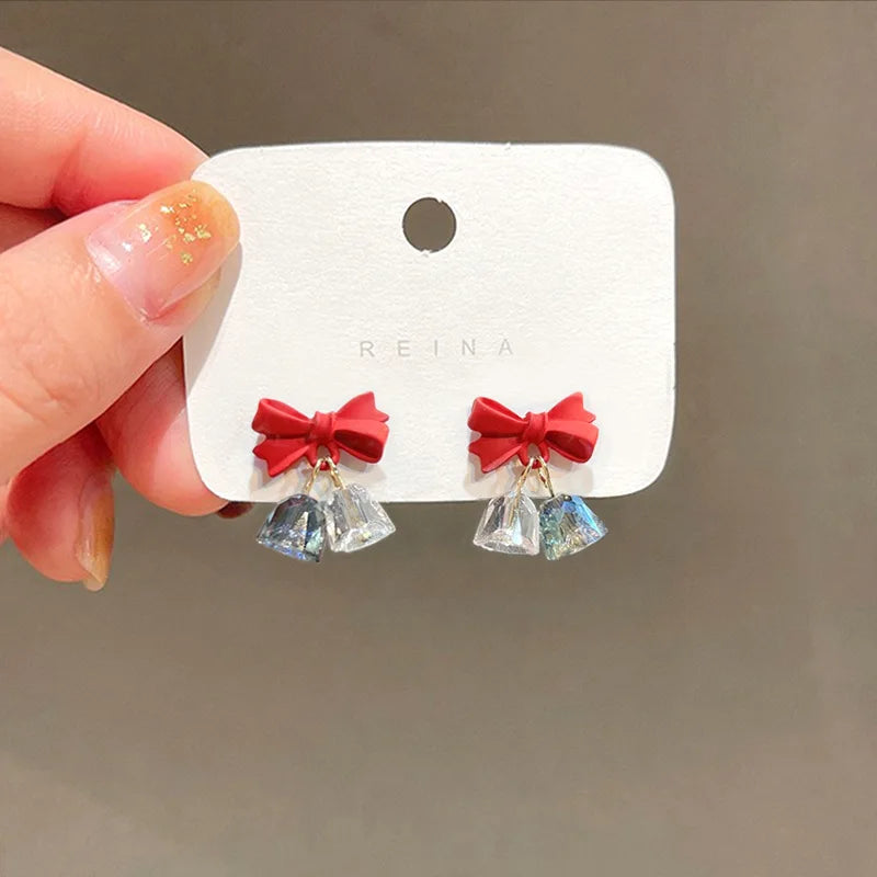 Bow Crystal Earrings Red High Sense S925 Silver Needle Stud Earrings