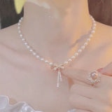 Bow Knot Pearl Pendant Necklace Feminine Clavicle Chain
