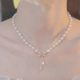 Bow Knot Pearl Pendant Necklace Feminine Clavicle Chain