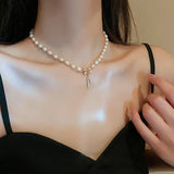 Bow Knot Pearl Pendant Necklace Feminine Clavicle Chain