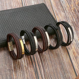 Men's Multilayer Leather Bracelet Magnetic Buckle Cowhide Woven Wrap Bracelet