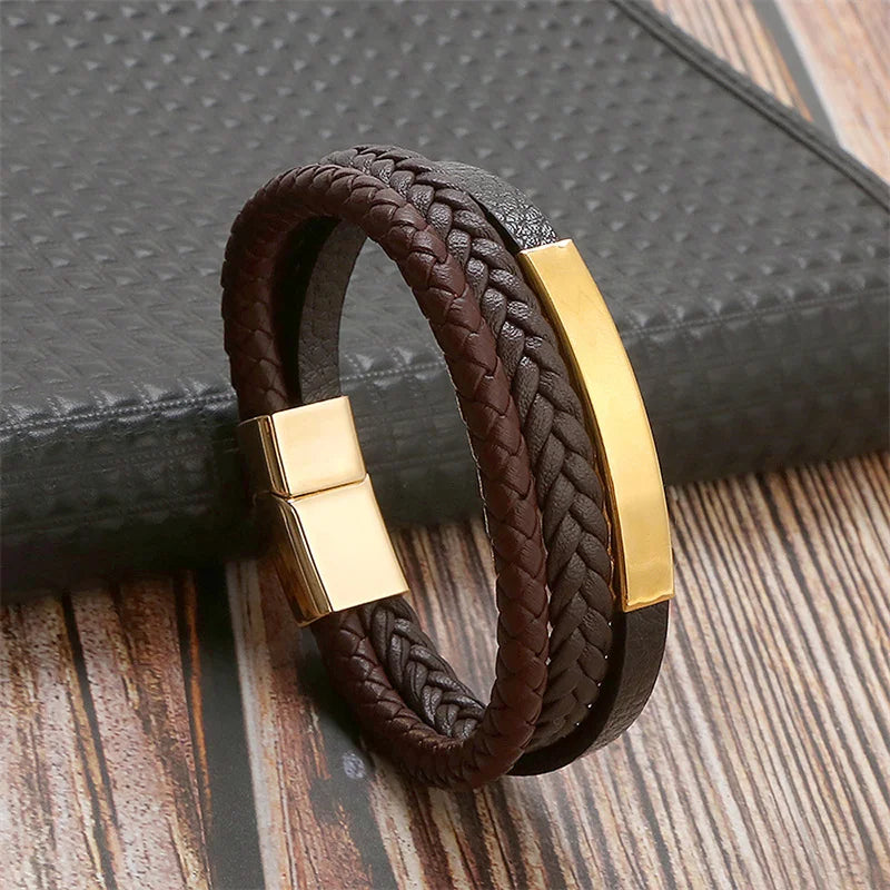 Men's Multilayer Leather Bracelet Magnetic Buckle Cowhide Woven Wrap Bracelet