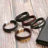 Men's Multilayer Leather Bracelet Magnetic Buckle Cowhide Woven Wrap Bracelet