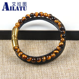 Braided Stainless Steel Leather Bracelet African & Tiger Eye Stone Beads Men