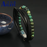 Braided Stainless Steel Leather Bracelet African & Tiger Eye Stone Beads Men