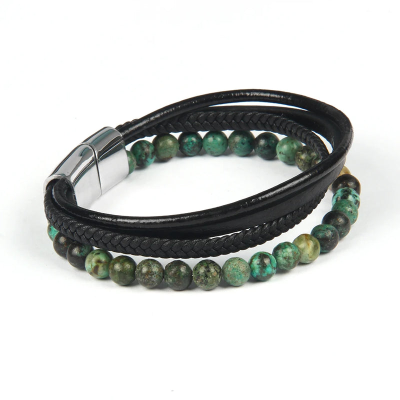 Braided Stainless Steel Leather Bracelet African & Tiger Eye Stone Beads Men