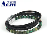 Braided Stainless Steel Leather Bracelet African & Tiger Eye Stone Beads Men