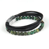 Braided Stainless Steel Leather Bracelet African & Tiger Eye Stone Beads Men