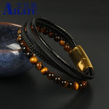 Braided Stainless Steel Leather Bracelet African & Tiger Eye Stone Beads Men