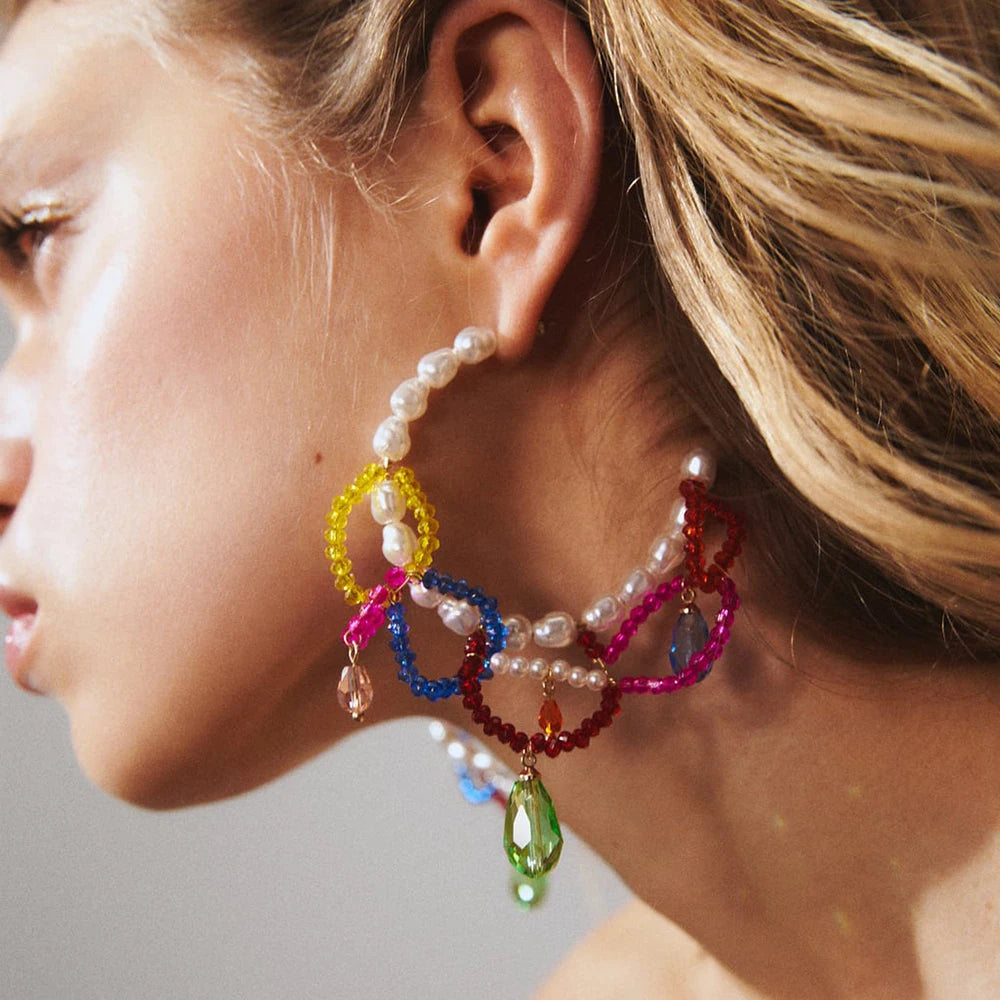 Multi Acrylic Beads Drop Earrings Pearls Statement Jewelry