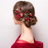 Chinese Style Wedding Hairpin Red Yarn Flowers Rhinestone Jewelry