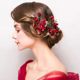 Chinese Style Wedding Hairpin Red Yarn Flowers Rhinestone Jewelry