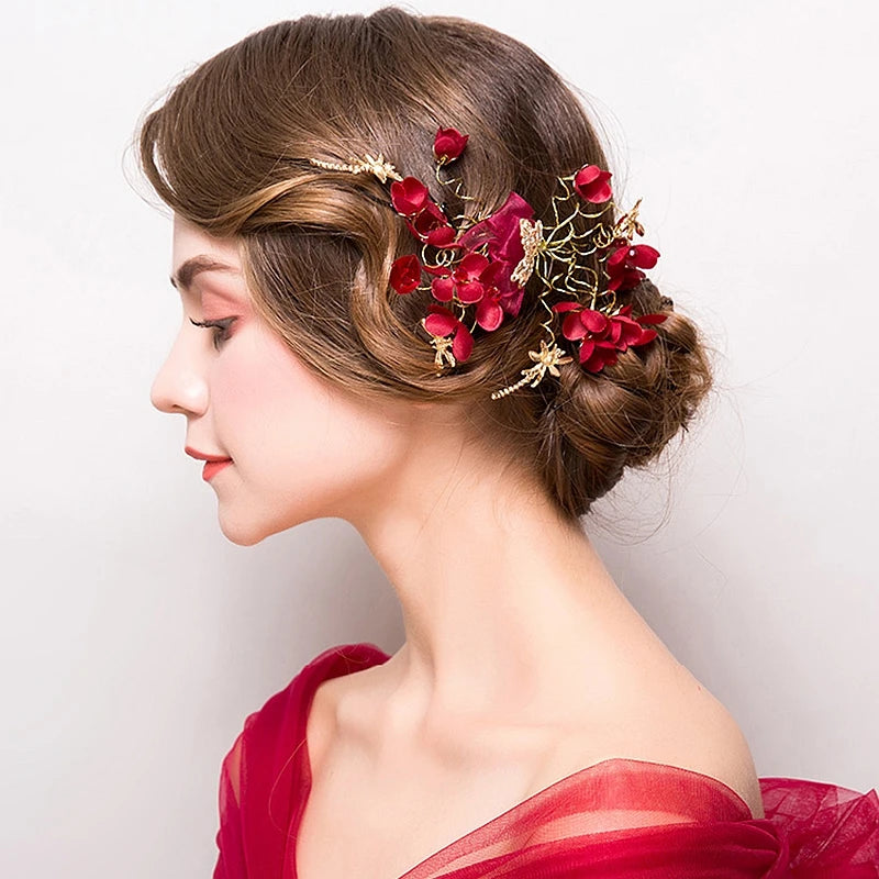 Chinese Style Wedding Hairpin Red Yarn Flowers Rhinestone Jewelry