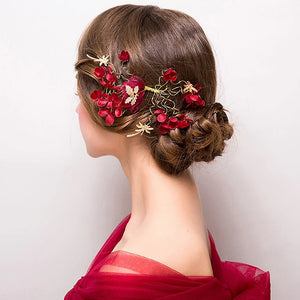 Chinese Style Wedding Hairpin Red Yarn Flowers Rhinestone Jewelry